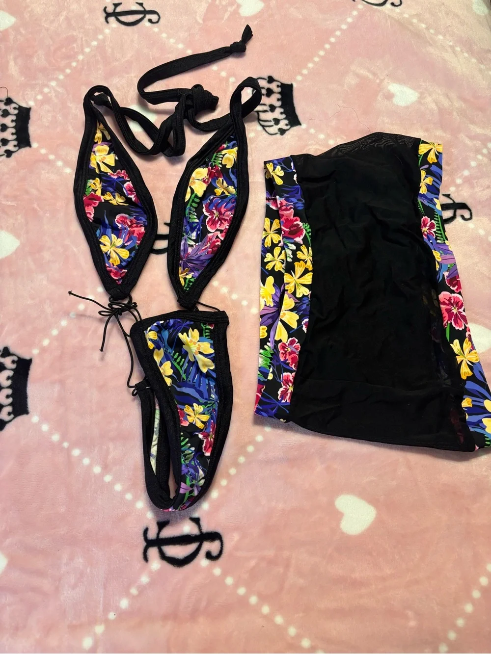 Black Floral Girls' Two-Piece Swim Set - Halter Bikini Top & Swim Skirt